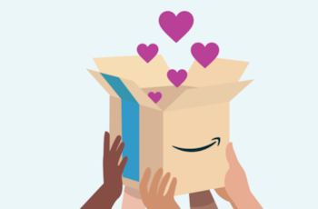 Hands holding up open Amazon box with heart floating out top